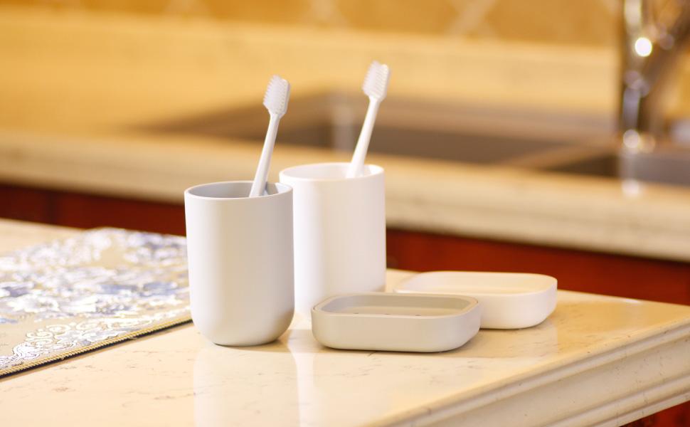 Bathroom soap dish cup toothbrush