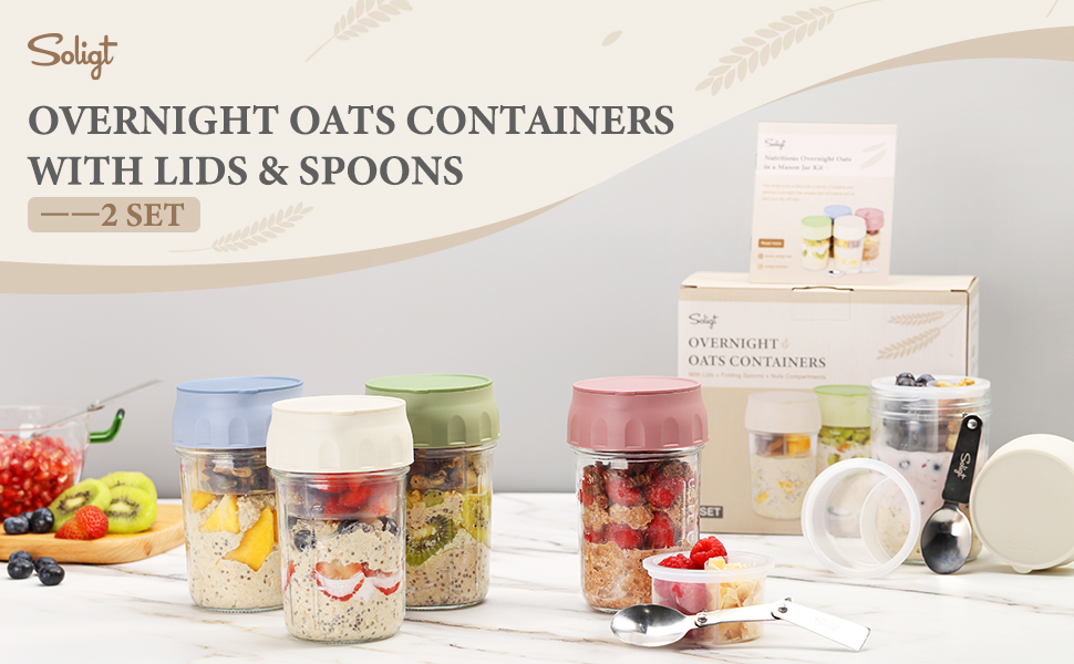 2 pack glass overnight oats containers with lids