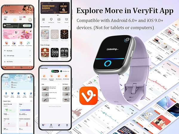 Text reads 'Explore More in VeryFit App' and 'Compatible with Android 6.0+ and iOS 9.0+ devices (Not for tablets or computers)'. Multiple screenshots of a fitness app interface showing various features and menus.