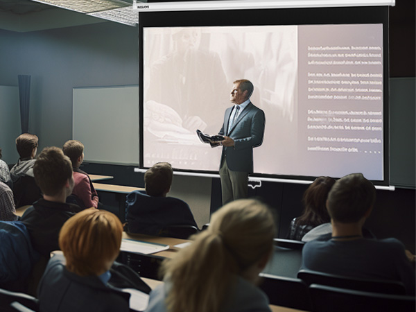 Lecture hall with presenter standing at front, holding laptop. Large projection screen behind shows text. Audience seated, facing presenter.