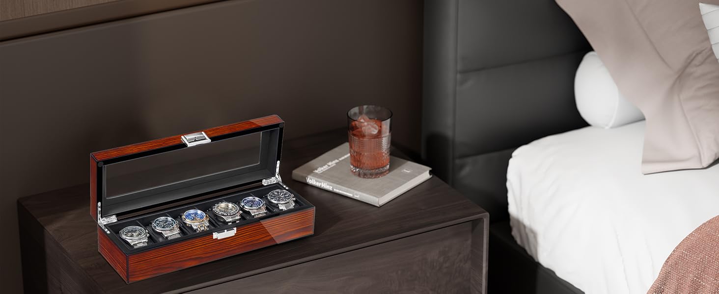 BEWISHOME Watch Box, 6 Slot Mens Watch Case, Watch Storage Organizer for Men, Watch
