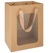 MOXARYSU 3 Pcs Brown Gift Bags with Clear Window: 9.8x5.1x7.1 Inch Medium Kraft Paper Bags with H...