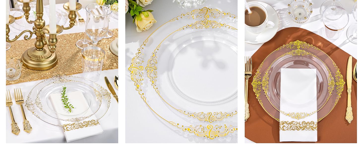 clear and gold plastic plates