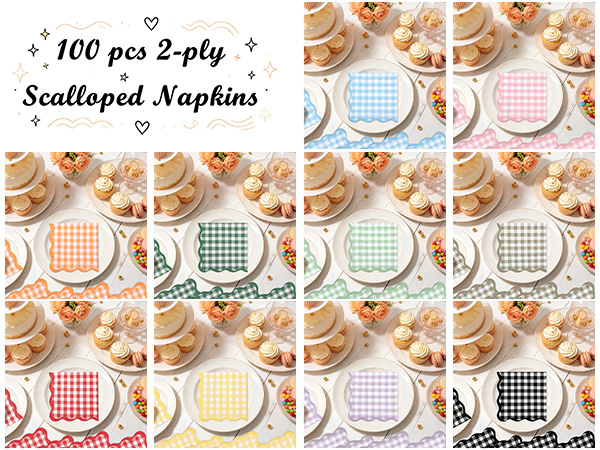 scalloped gingham cocktail napkins disposable party paper dessert napkins checkered scalloped napkin