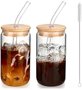 DWTS DANWEITESI Iced Coffee Cups with Lids 2 pcs,16 oz Glass Cups with Lids and Straws as Coffee ...