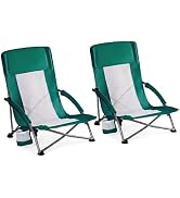 DUMOS Low Camping Beach Chairs 2 Pack, Folding Portable Beach Chair with Cup Holder, Storage Pock...