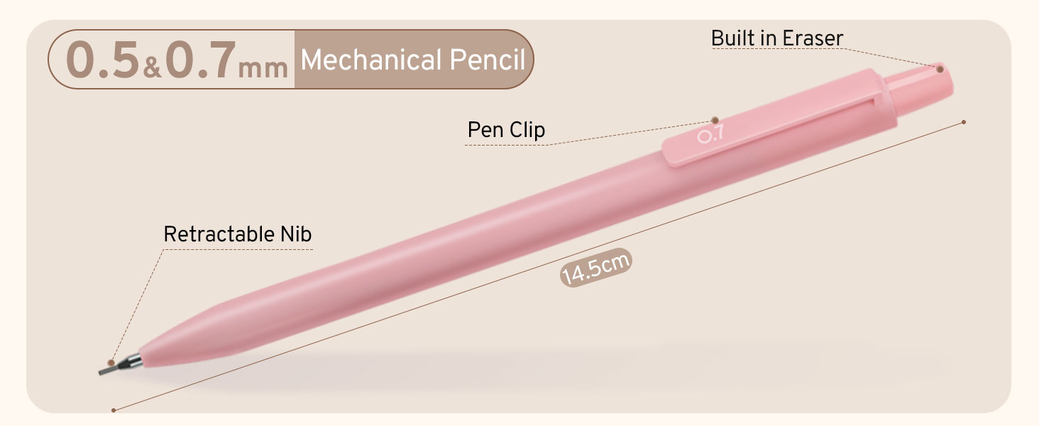 Pink mechanical pencil with 0.5 and 0.7 mm lead options. Features include retractable nib, pen clip, and built-in eraser. Product length is 145 mm.