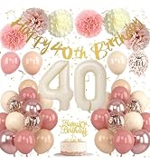Froova 40th Birthday Decorations for Women Retro Blush Pink Birthday Balloons Happy 40th Banner C...