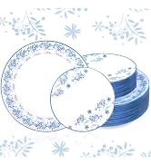Joyido 60 PCS Blue Floral Plastic Plates - White and Blue Disposable Decorative Plates Set Includ...