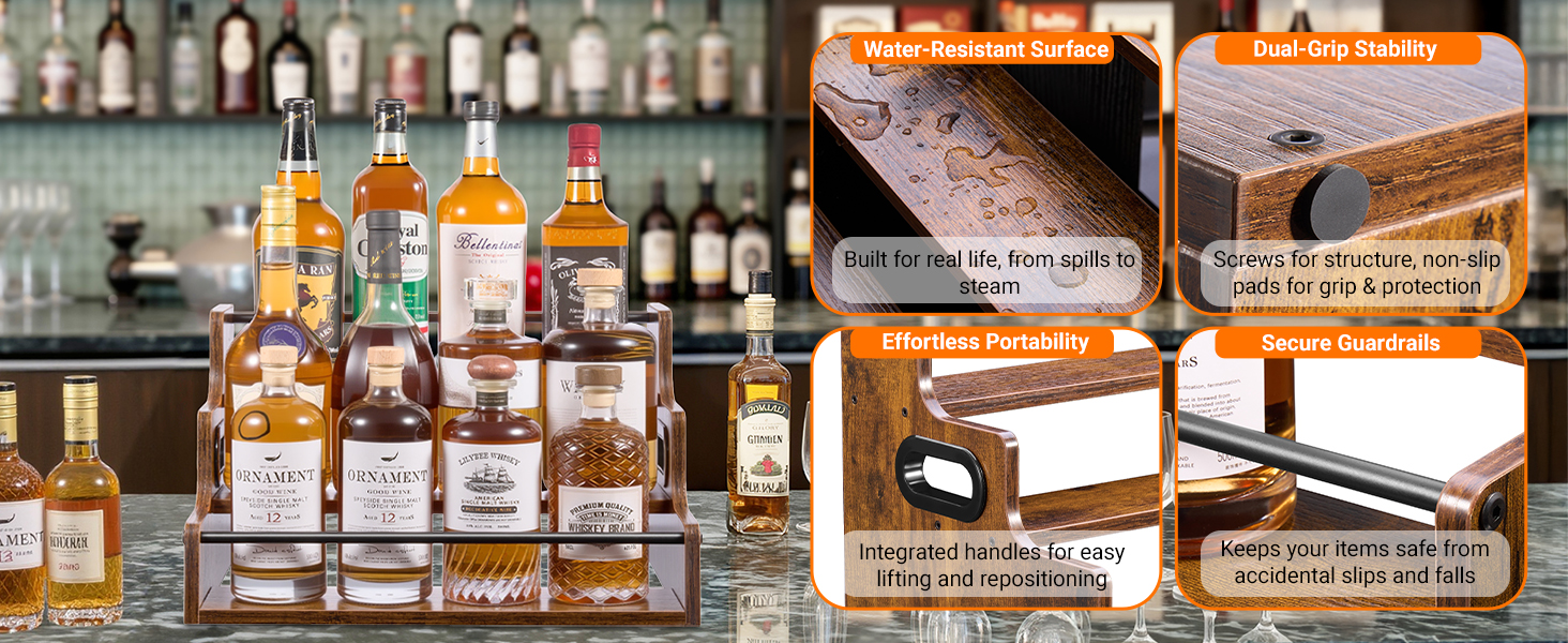 Waterproof wood wine rack with secure guardrails, integrated handles, and non-slip pads.