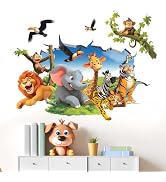 Jungle Animals Wall Decals for Kids: Peel and Stick Monkey Elephant Giraffe Tiger Lion Wall Stick...