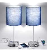Blue Touch Lamps for Nightstand Set of 2 - Bedside Table Lamp for Bedroom with Dual USB Ports & A...