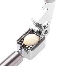 Open the garlic press and place a peeled garlic clove inside