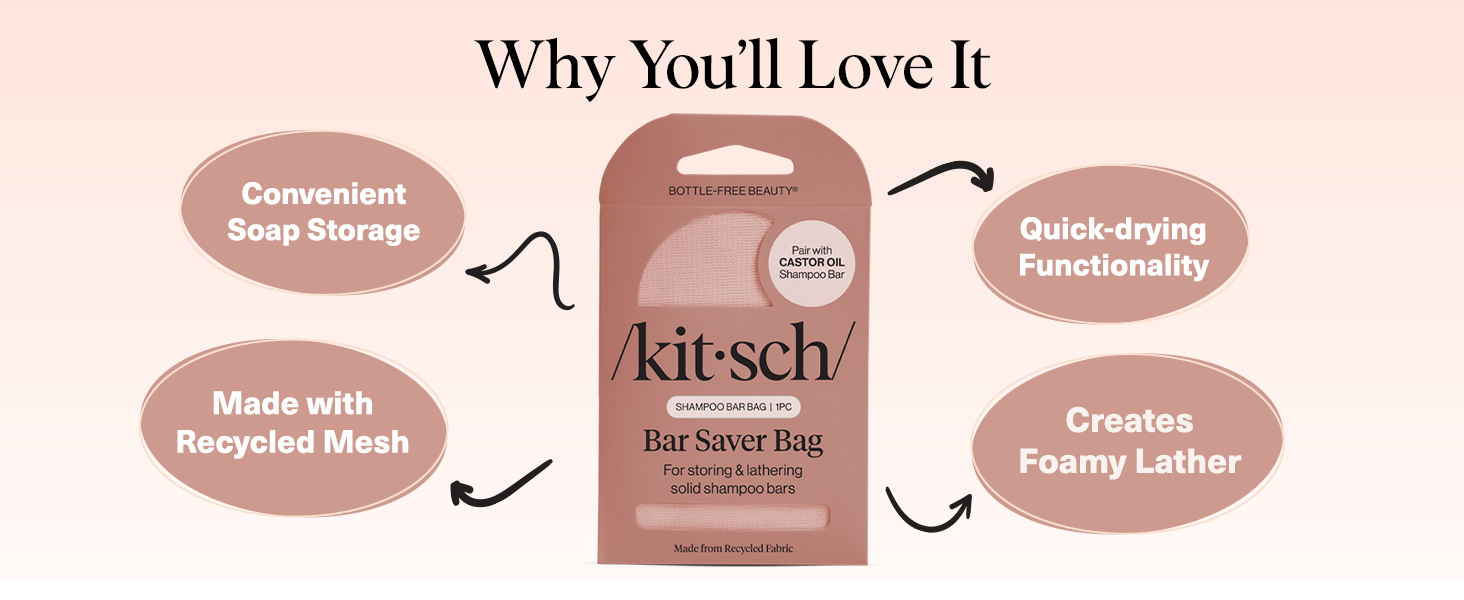 Kitsch Bar Soap Saver Bag - Recycled Mesh Beauty Bar Soap Pouch for Rice Water Protein Shampoo Bar