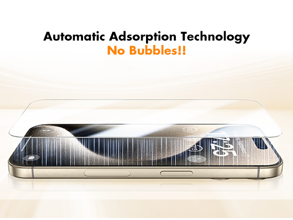 Smartphone screen protector with automatic adsorption technology. Illustration shows seamless application without bubbles, emphasizing smooth coverage across device surface.