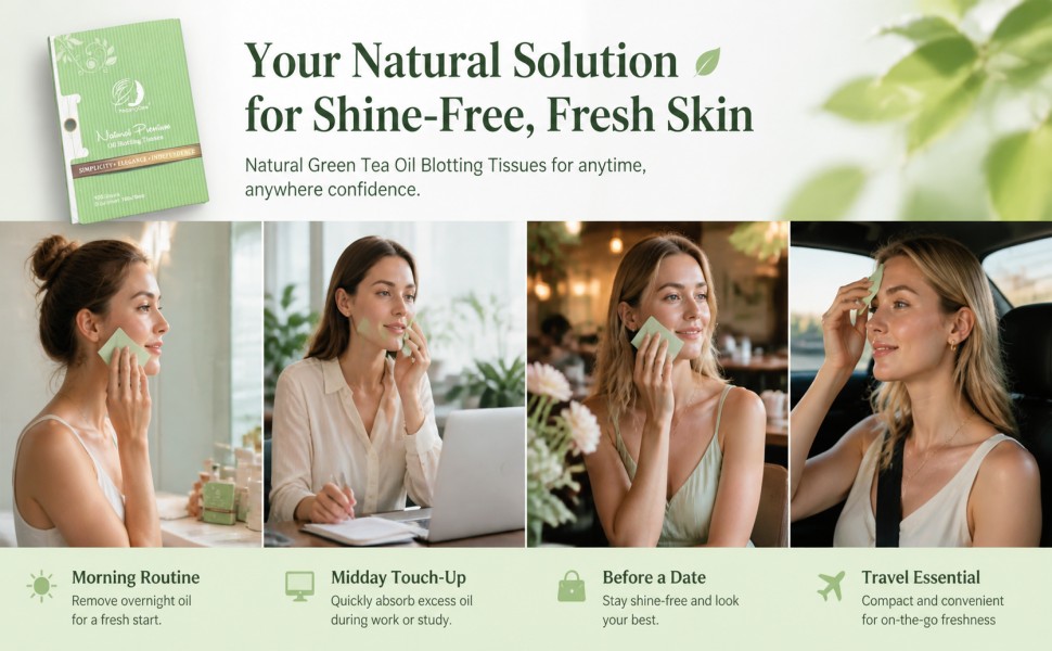 Women using green tea blotting papers in four daily scenarios