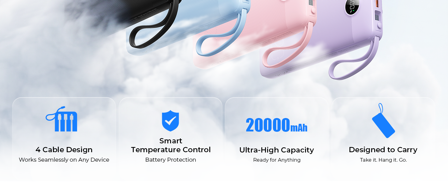 portable chager usb c 20000mah power bank type c fast charging battery pack built in cables