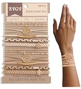 10 Boho Bracelets, Braided & Stretch Hair Ties for Thick/Thin Hair, 5 Styles, Light Coffee Colors...