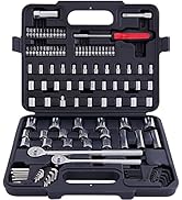 MECHMAX 120 Piece Socket Tool Set, 1/2, 3/8 and 1/4 Inch Drive SAE & Metric Size, Black, Alloy Steel
