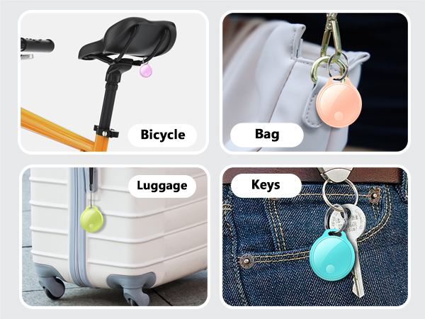 Text reads 'Bicycle, Bag, Luggage, Keys'. Series of images showing colorful round keychains attached to various items like bike handles, bags, and jean belt loops.