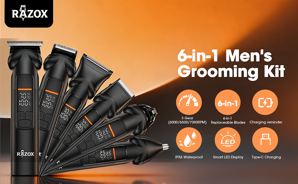RAZOX 6-in-1 beard trimmer for men with LED display, IPX6 waterproof, Type-C charging