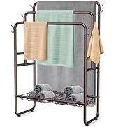 40" H Free Standing Towel Rack with 2 Storage Baskets & 6 Hooks, 3 Tier Silver Metal Towel Stand ...