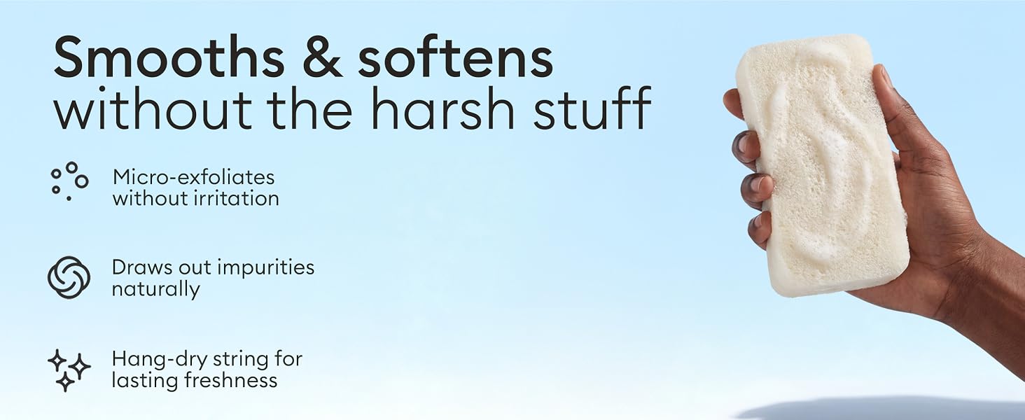 Text reads 'Smooths & softens' and 'Without the harsh stuff'. Product demonstration showing hand applying or demonstrating cream/lotion product.