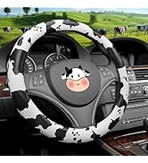 SuperKaKa Black Cow Print Steering Wheel Cover 2024, PU Cute Auto Cow-Pattern Breathable Slip-Pro...
