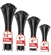 Cable Zip Ties,400 Pack Black Assorted Sizes 12+8+6+4 Inch,Multi-Purpose Self-Locking Nylon Cable...