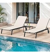 DWVO Outdoor Chaise Lounge Set, 2 Patio Chaise Lounge Chairs with Side Table, Padded Textile Pool...