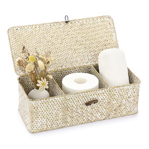 Seagrass Storage Basket Bin Hand-Woven Wicker Basket with Lid Bathroom Basket Tissue Toilet Paper