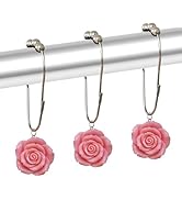 Rose Shower Curtain Hooks Rust Proof Fashion Floral Decor Bathroom Rings, Resin Rose Flower Curta...