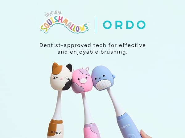 Text reads 'Dentist-approved tech for effective and enjoyable brushing'. Collection of soft pastel-colored toothbrush heads in pink, blue, and beige tones against light background.