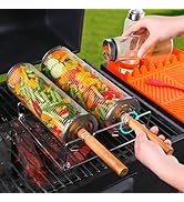 Rolling Grill Baskets (2PCS), Removable Wooden Handle, 304 Stainless Steel, Nesting Grilling Net,...