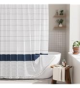 AmazerBath Boho Shower Curtain Set, Rustic Faux Linen Navy Blue Striped Shower Curtain with Hooks...
