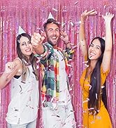 2 Pack Pink Streamers Birthday Decorations Glitter Tinsel Curtains Backdrop Pink Fringe Door Stre...