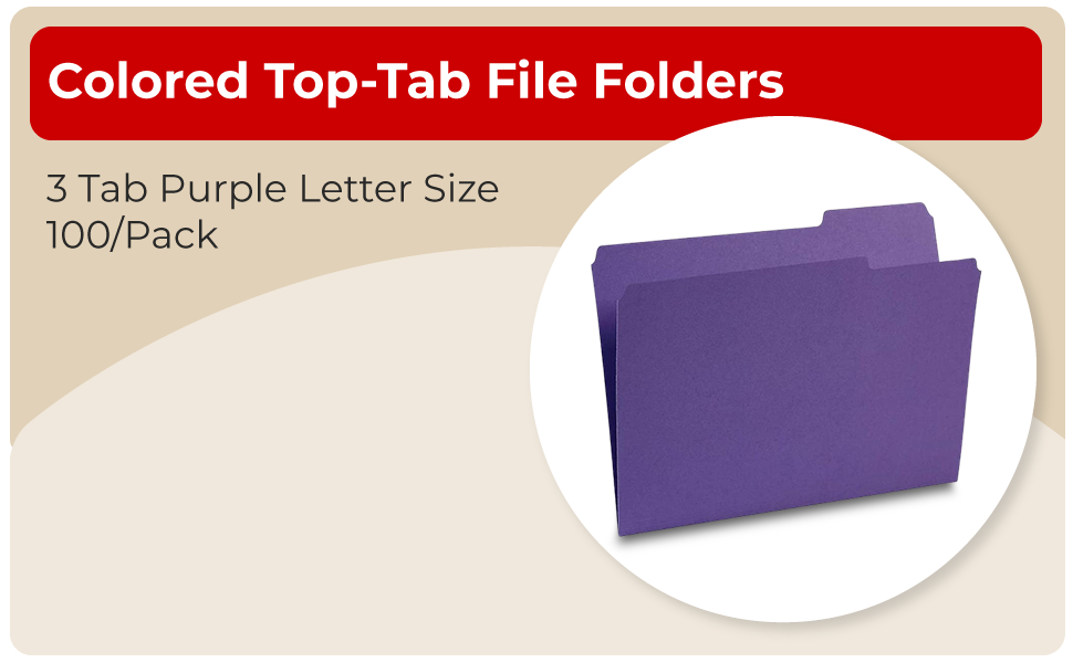 Staples 535559 Colored Top-Tab File Folders 3 Tab Purple Letter Size 100/Pack
