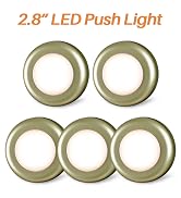 Five circular LED push lights with gold-colored rims. Text indicates they are 2.8 inches in diameter.