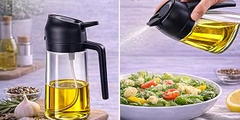 Oil bottle shown spraying oil onto food and pouring oil from the spout