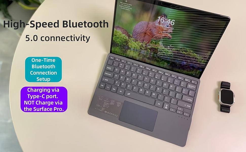Laptop with colorful screen, keyboard, and touchpad. Features high-speed Bluetooth 5.0, one-time connection setup, and Type-C charging. Smartwatch visible beside laptop.