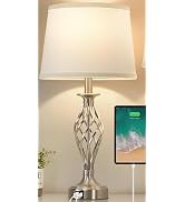 Ruiever Touch Table Lamps Set of 2, nightstand lamp with USB Ports (Nickel Body+White Shade)