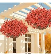 Geegoods 2 Set Artificial Hanging Basket Fall Flowers for Outdoor, Fake Faux UV Resistant Look Re...