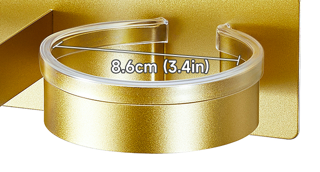 Text reads '8.4cm (3.4in)'. Gold-colored circular measurement guide or sizing template against yellow background.
