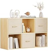 EXPERLAM 6 Cube Storage Organizer - Solid Wood Bookshelf with 3 Storage Bins, Cube Shelf with 2 R...