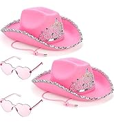 Pumtus 2 Pack Pink Cowgirl Hat with Heart Glasses, Pink Sequin Cowboy Princess Hat with Crown Tia...
