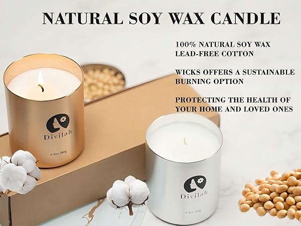 Two natural soy wax candles in gold and white containers. Product information highlighting 100% natural soy, lead-free cotton wicks, and sustainable burning option.