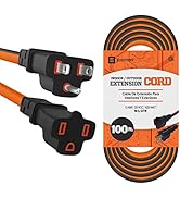 Indoor Outdoor Extension Cord 100 Ft, Orange 16 Gauge Wire 3 Prong Grounded Power Cable, SJTW Fle...