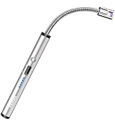 Silver electronic lighter with flexible neck, blue battery indicator lights, and USB charging port. Features a power button and sleek cylindrical design.