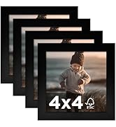 KINLINK 4x4 Picture Frame Black Set of 4, Wooden Square Photo Frames with Plexiglass for 4x4 with...
