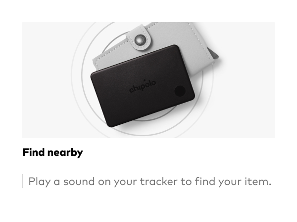 Text reads 'Find nearby' and 'Play a sound on your tracker to find your item.' White and black tracking device displayed against light background.
